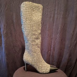NWOT Grey & Black Tweed Knee-High Boot with Faux Leather Toe Detail